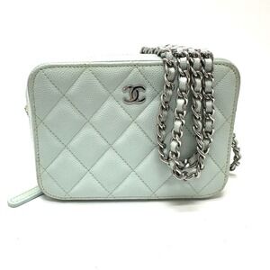CHANEL Blue Caviar Leather Logo Pochette Shoulder Bag